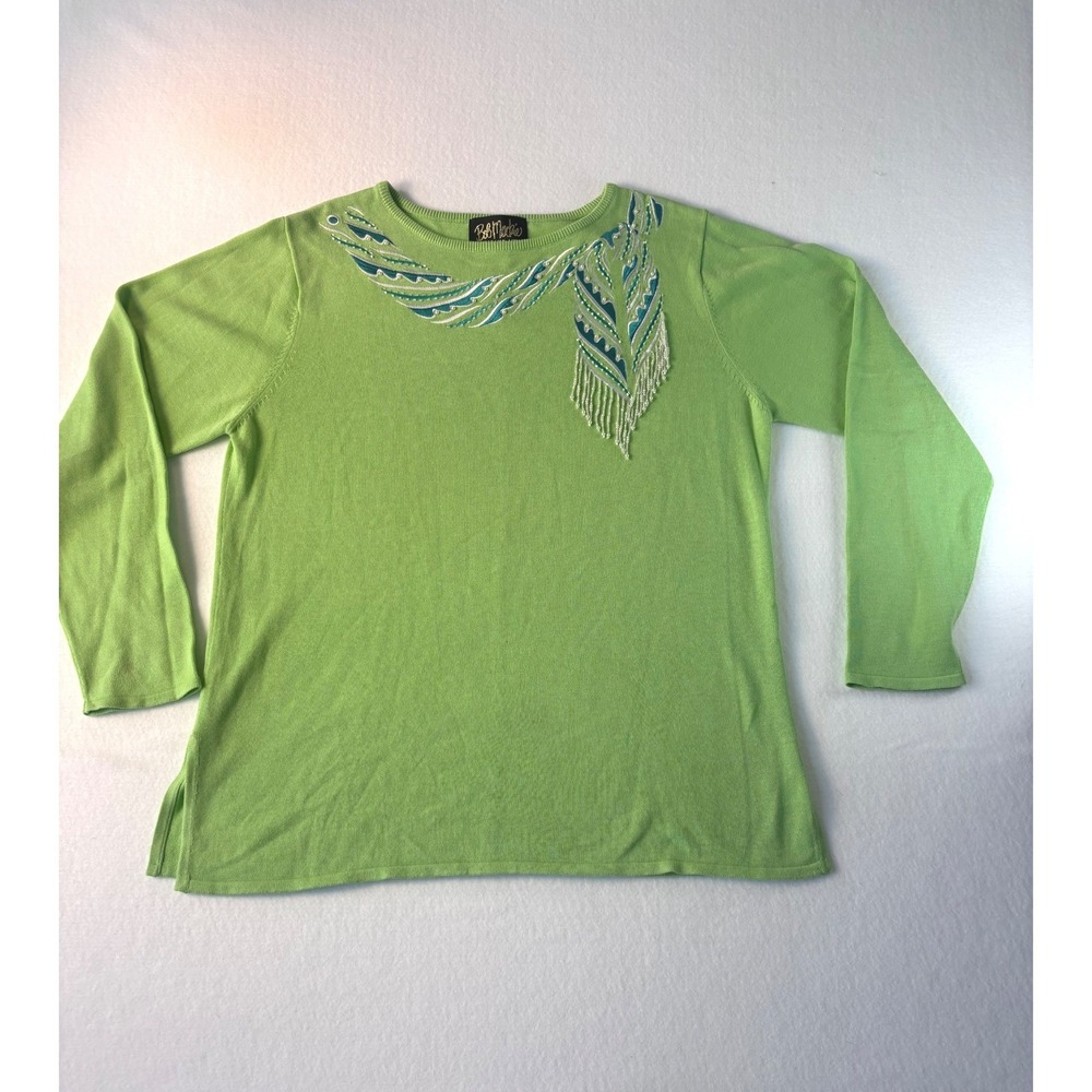 Bob Mackie Wearable Art Lime Green Beaded Feather Fringe Knit Sweater Womens L - Picture 2 of 10